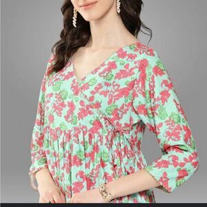 Janasya green pink floral mini dress gold trim medium m tuckernuck